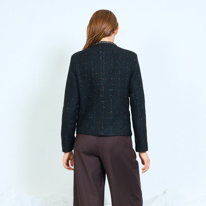 Collarless textured jacket with braided trim wholesale