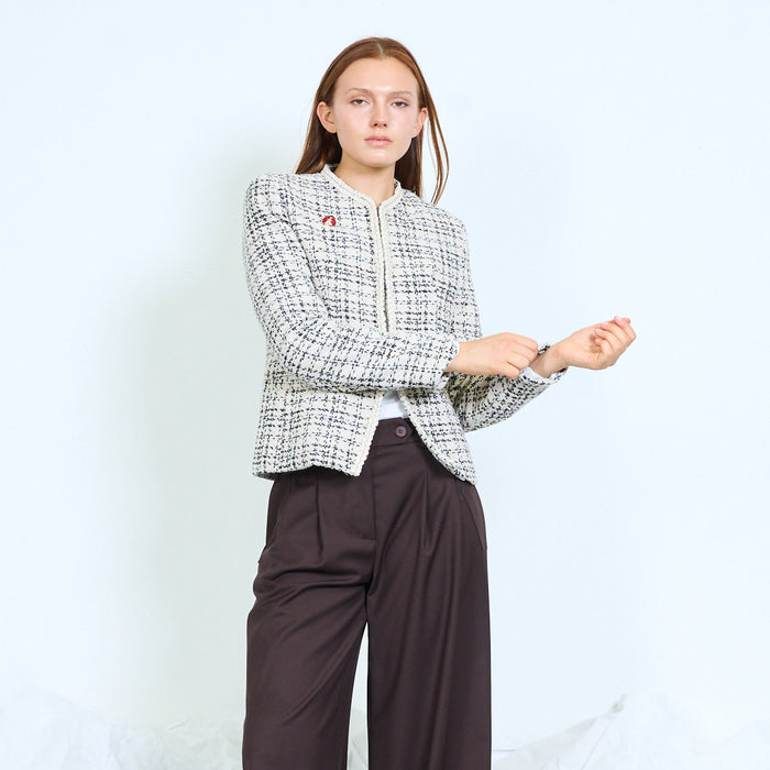 Collarless textured jacket with braided trim wholesale