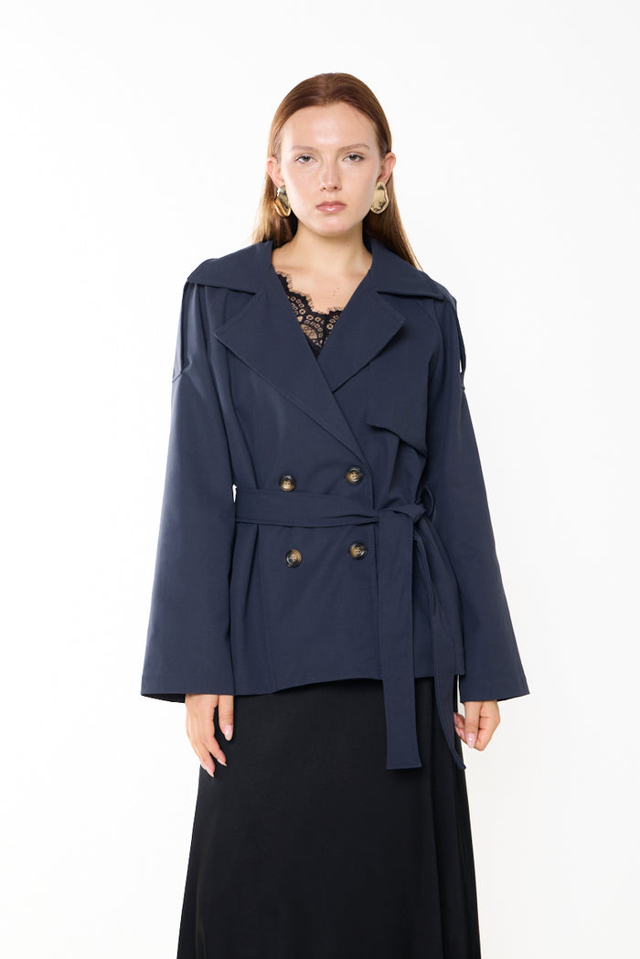 Cropped belted trench jacket with storm flap wholesale