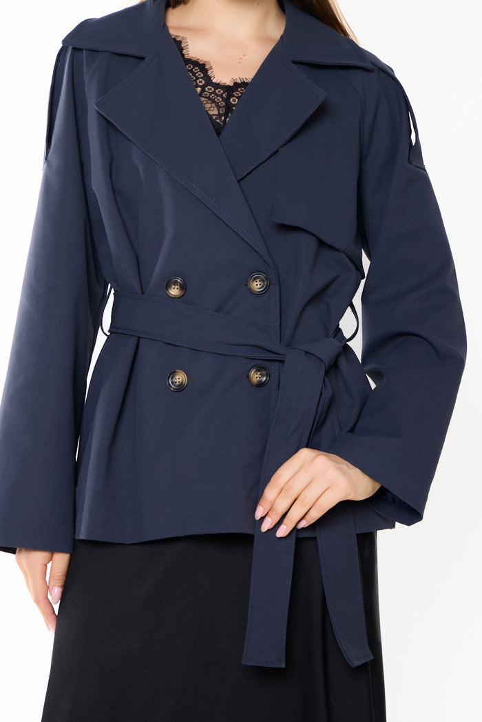 Cropped belted trench jacket with storm flap wholesale