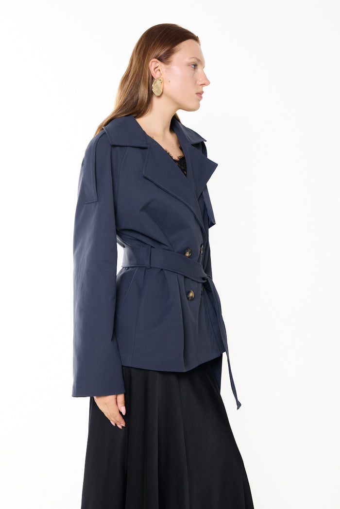 Cropped belted trench jacket with storm flap wholesale