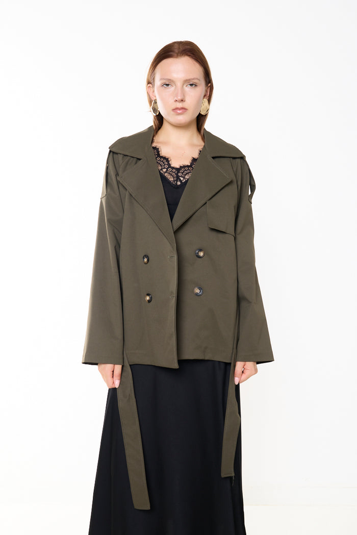 Cropped belted trench jacket with storm flap wholesale