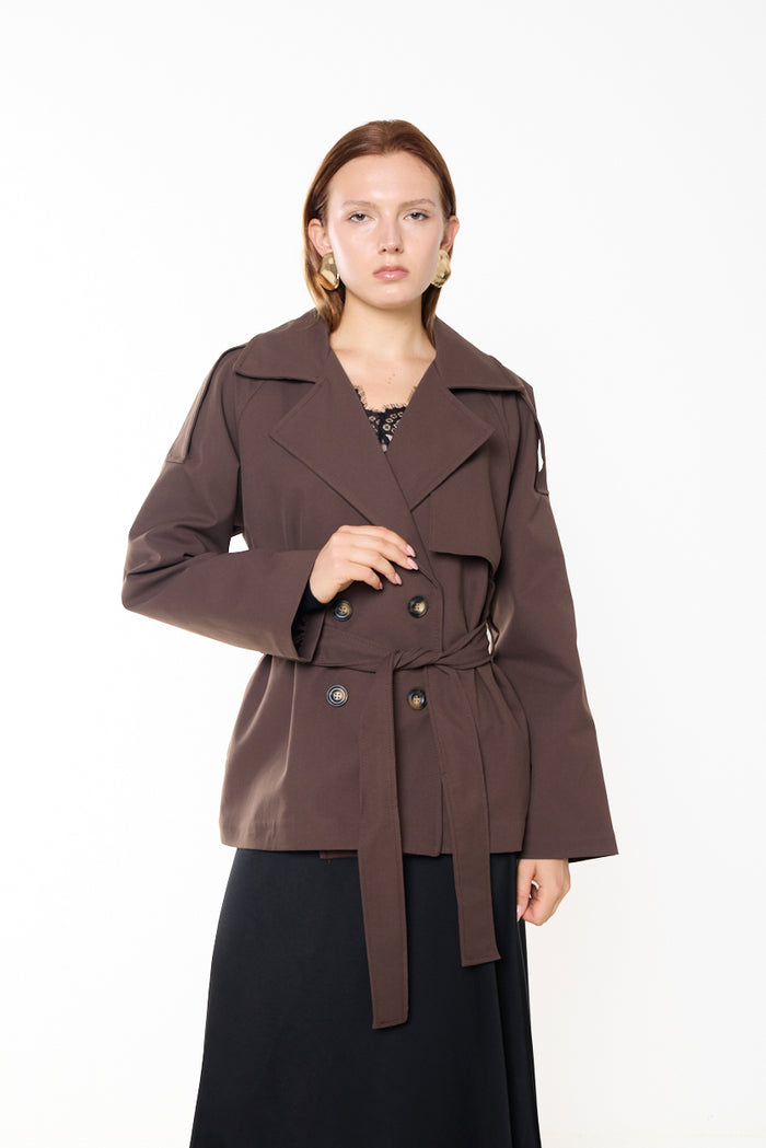 Cropped belted trench jacket with storm flap wholesale