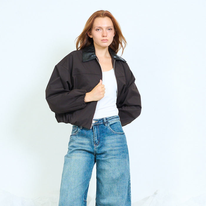 Cropped bomber jacket with faux-leather collar wholesale