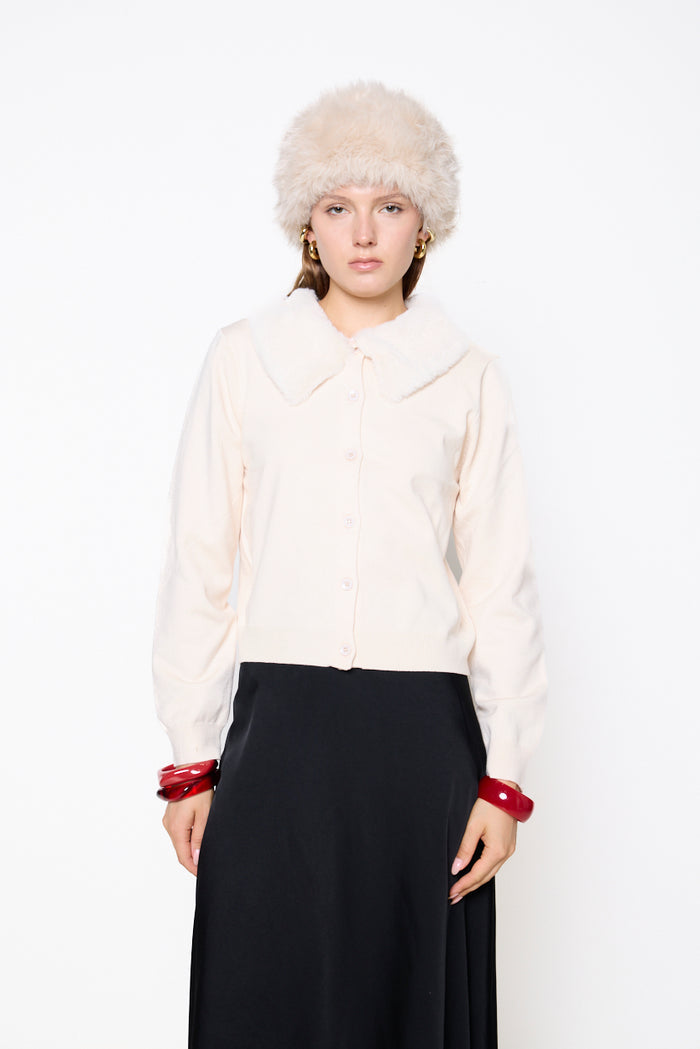 Cropped jacket with plush fur collar and button front wholesale