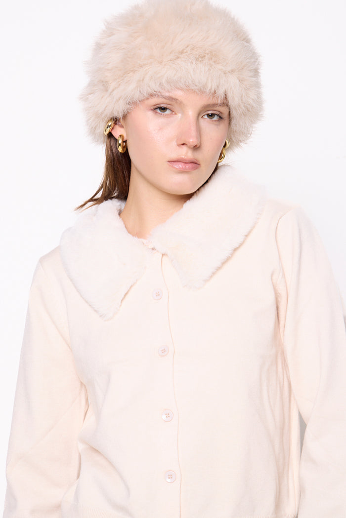 Cropped jacket with plush fur collar and button front wholesale