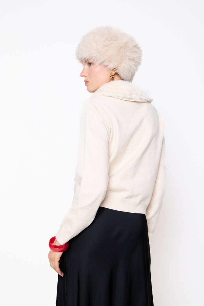 Cropped jacket with plush fur collar and button front wholesale