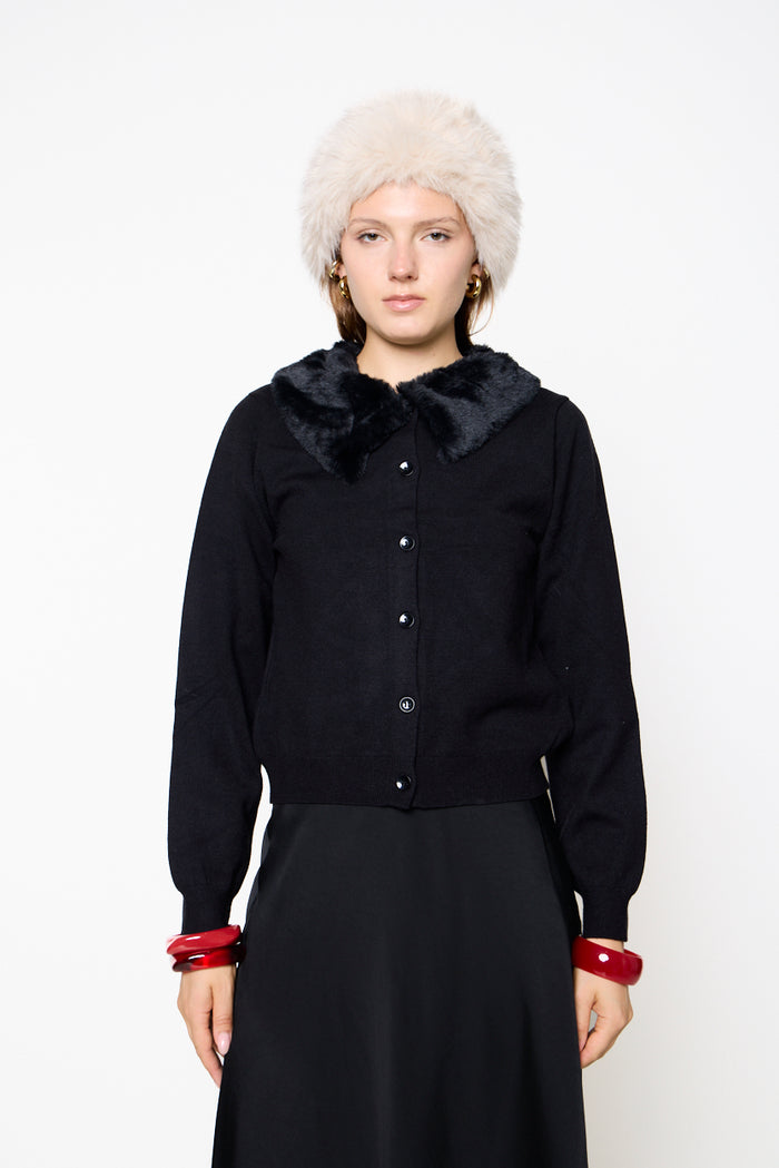 Cropped jacket with plush fur collar and button front wholesale