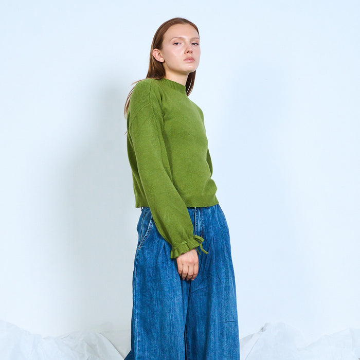 Cropped knit sweater with tie cuffs wholesale
