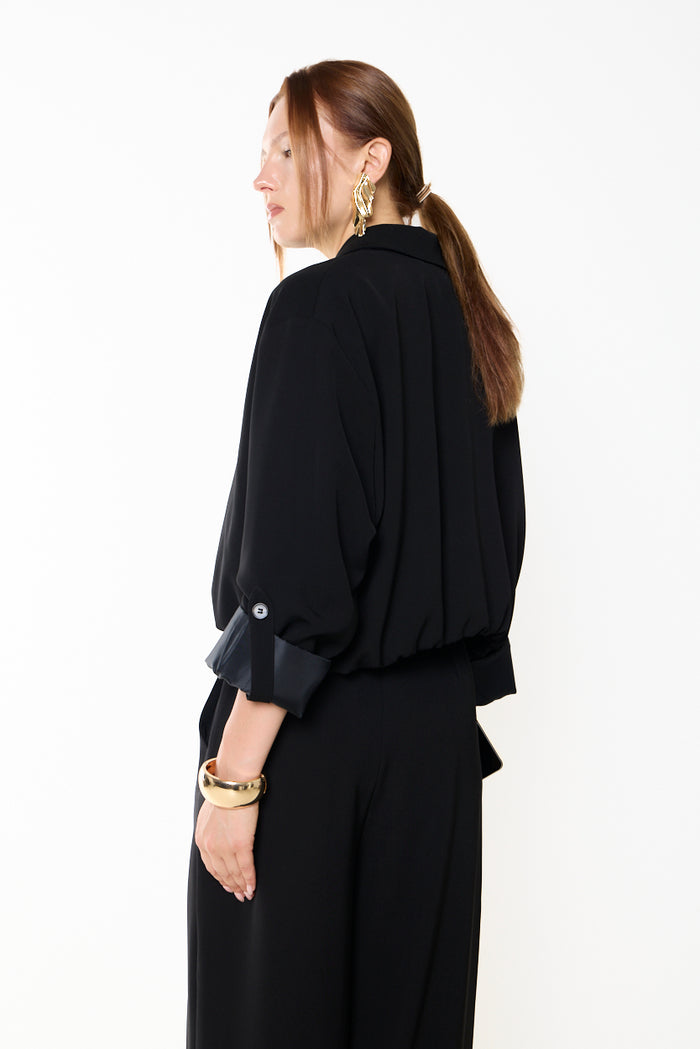 Cropped tailored blazer with adjustable ruched sleeves wholesale
