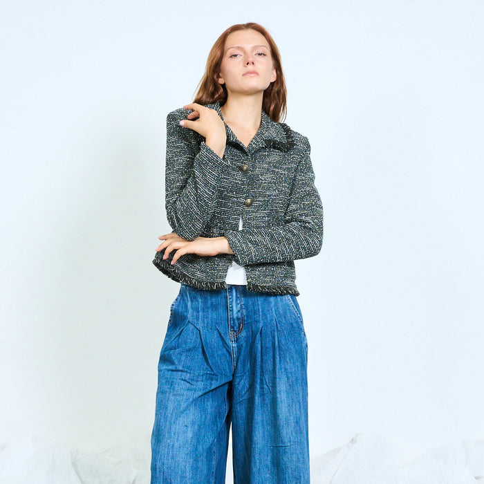 Cropped tweed jacket with frayed trims and button front wholesale