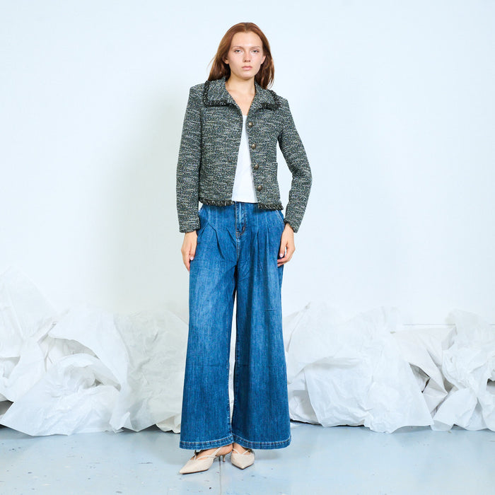 Cropped tweed jacket with frayed trims and button front wholesale