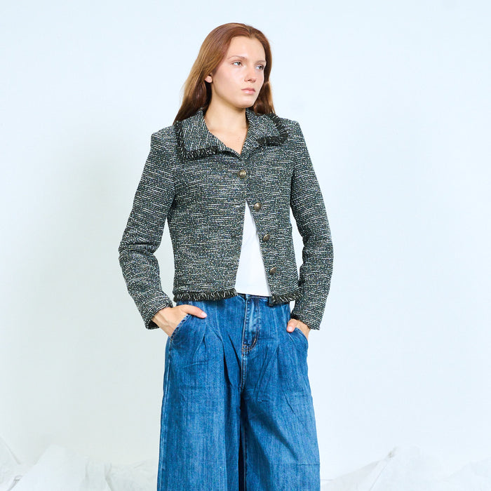 Cropped tweed jacket with frayed trims and button front wholesale