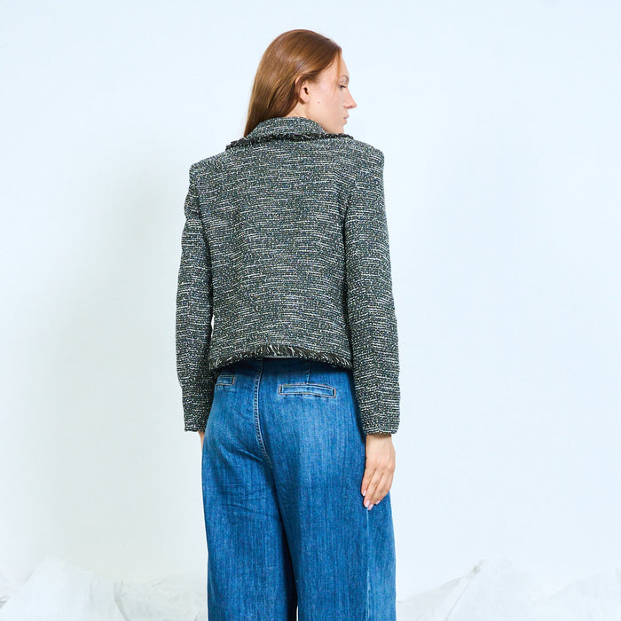 Cropped tweed jacket with frayed trims and button front wholesale