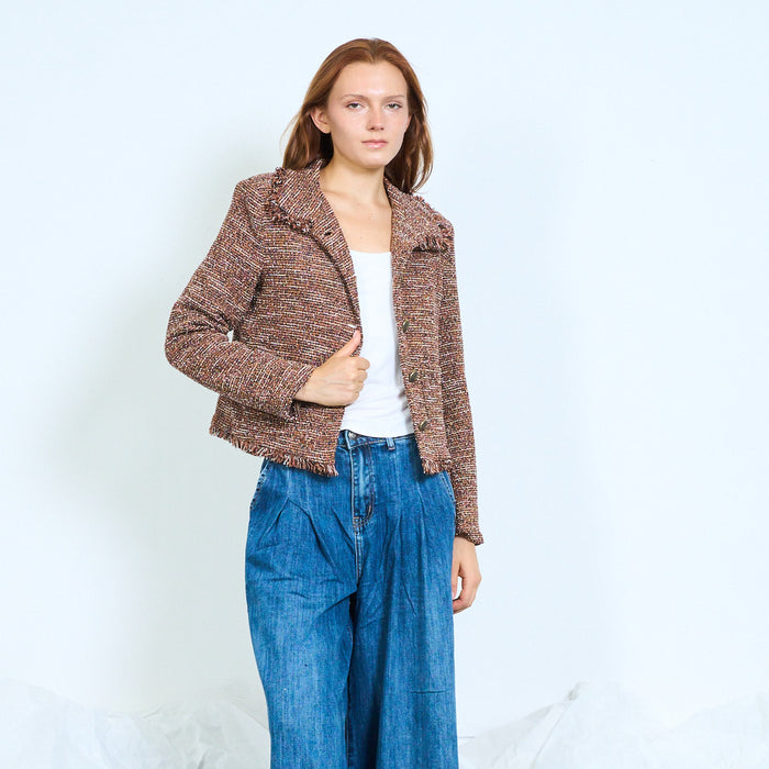 Cropped tweed jacket with frayed trims and button front wholesale