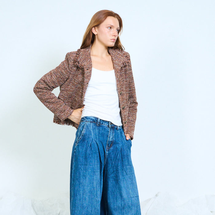Cropped tweed jacket with frayed trims and button front wholesale