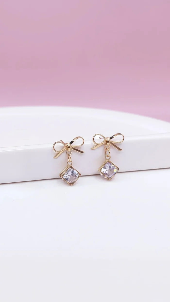 Crystal Bow Drop Gold Earrings