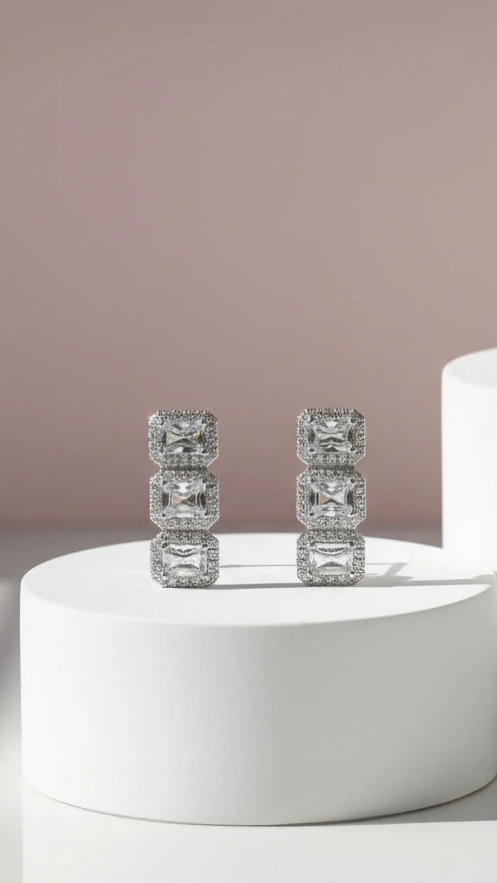 Crystal Silver Drop Trio Earrings