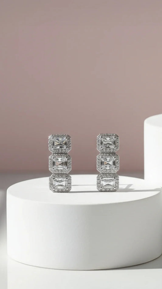 Crystal Silver Drop Trio Earrings