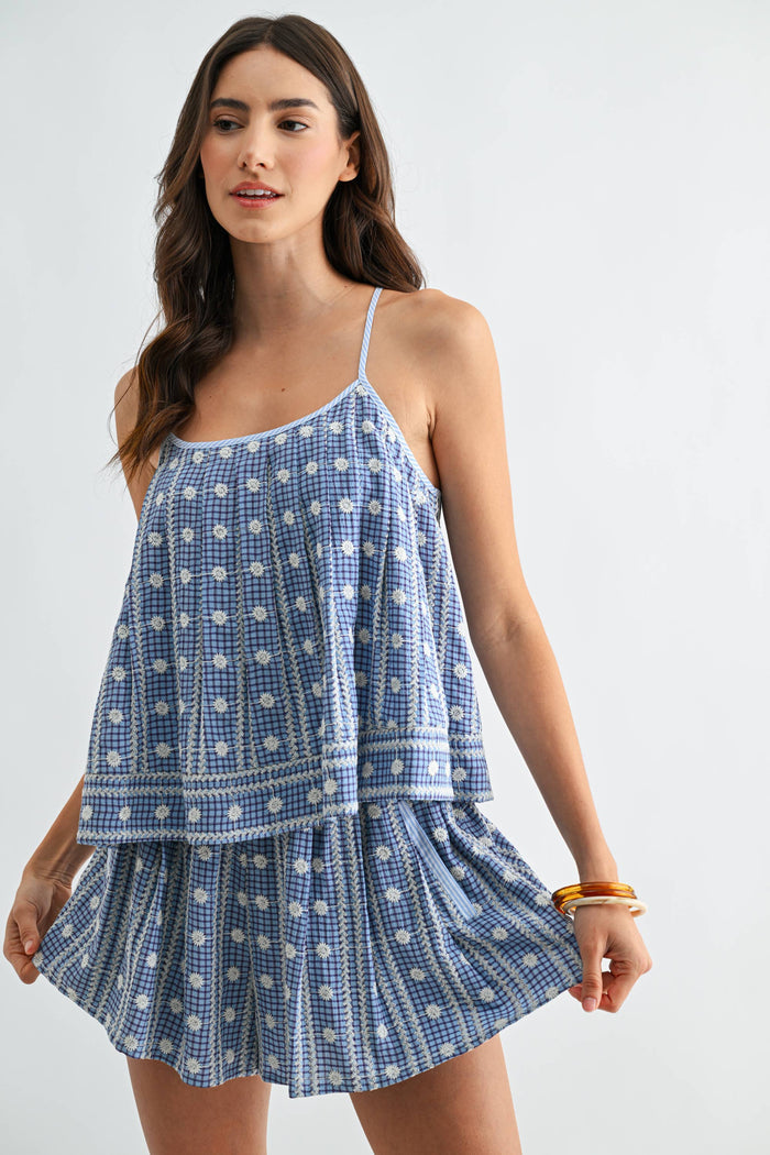 CS10383J Embroidered Blue Checkered Shorts Set