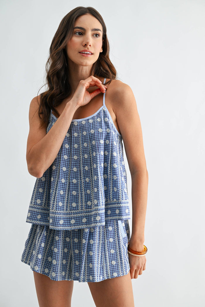 CS10383J Embroidered Blue Checkered Shorts Set