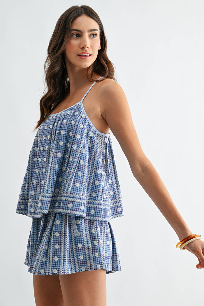 CS10383J Embroidered Blue Checkered Shorts Set