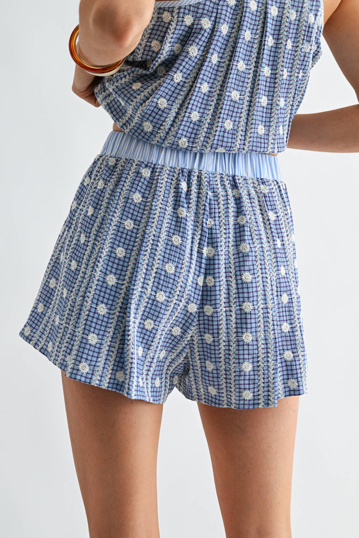 CS10383J Embroidered Blue Checkered Shorts Set