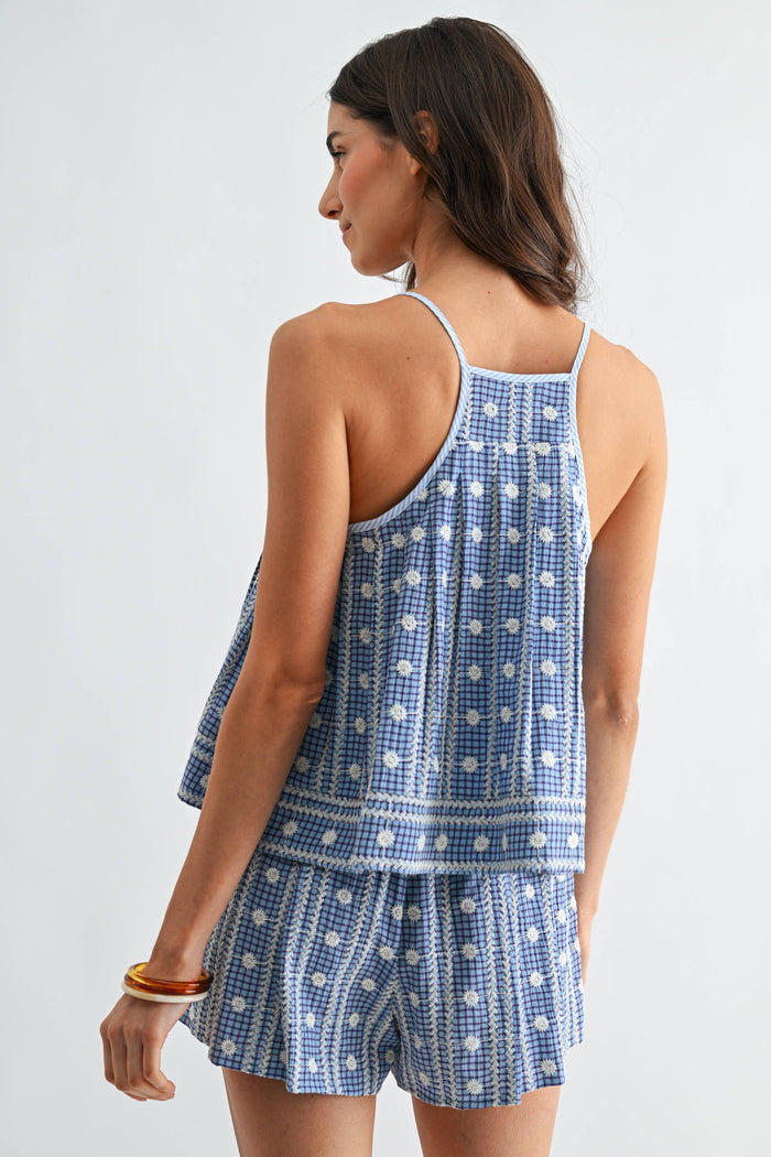 CS10383J Embroidered Blue Checkered Shorts Set