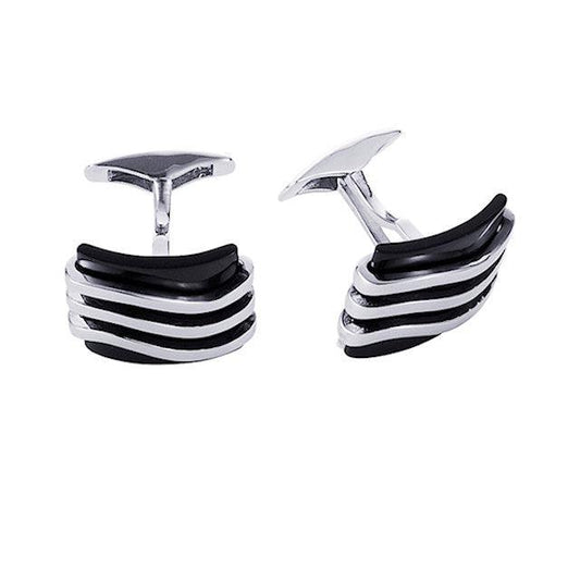 Cudworth sterling silver black agate cufflinks with layered wave design and polished finish