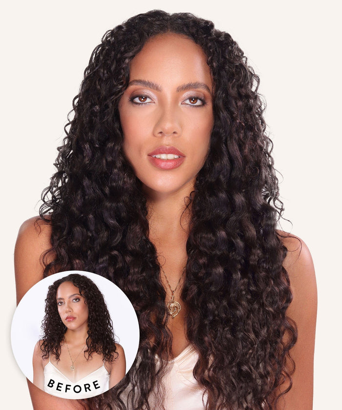 A woman with long, shiny, defined curls—enhanced by Perfect Locks extensions—looks confidently at the camera; an inset shows her before with shorter, less defined curls.