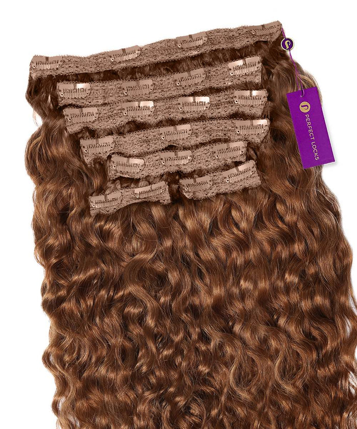 Chocolate Brown  Curly Classic Clip-In Hair Extensions from Perfect Locks with labeled clips at the roots and a purple tag.#color_golden-brown-(6)