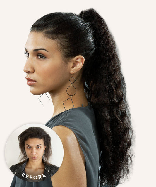 A woman wears Perfect Locks Curly Clip-In Ponytail Extensions in Natural Black , styled high with geometric earrings. Inset shows her before with shorter, tousled hair, highlighting the dramatic transformation.