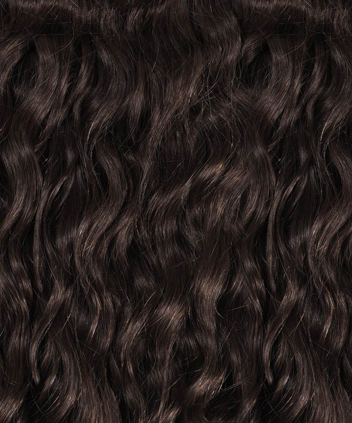 Close-up of Perfect Locks Curly Clip-In Ponytail Extensions in Chocolate Brown , featuring long, wavy hair with natural shine and soft texture.#color_natural-black-(1B)