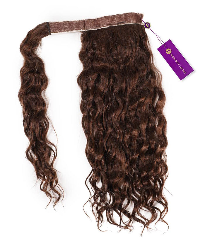 A Chocolate Brown  Curly Clip-In Ponytail Extension by Perfect Locks laid flat on white, showing waves and sew-in band.#color_chocolate-brown-(3)