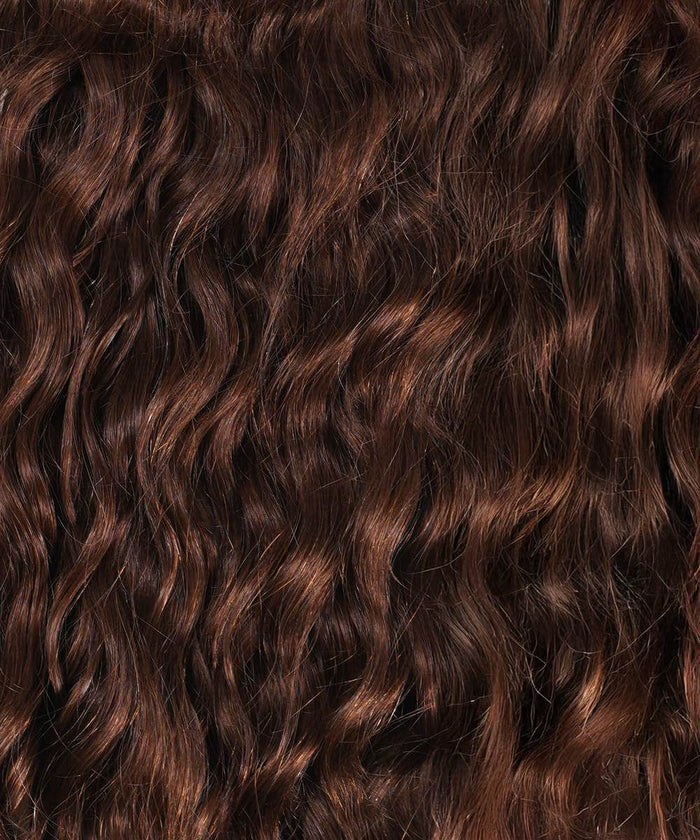 Close-up of Perfect Locks Curly Clip-In Ponytail Extensions in Golden Brown , featuring long, wavy hair with shiny texture, defined curls, and natural highlights.#color_chocolate-brown-(3)