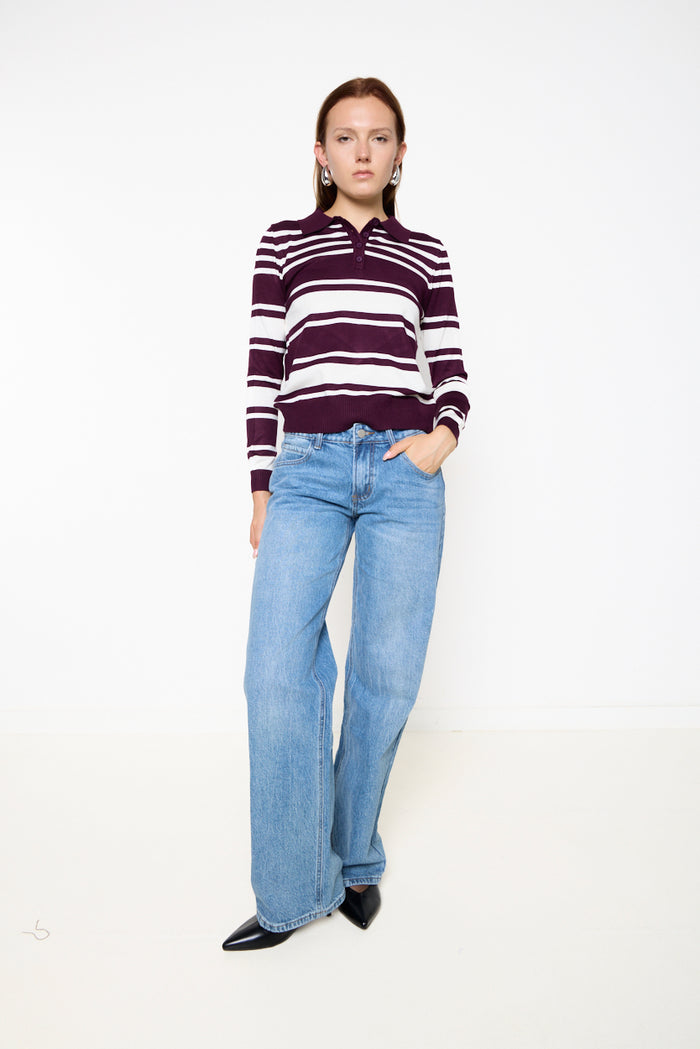 Curved stripe polo-collar knit sweater wholesale