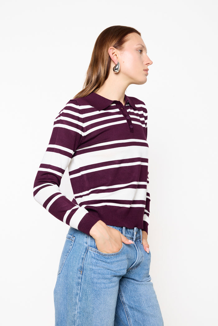 Curved stripe polo-collar knit sweater wholesale