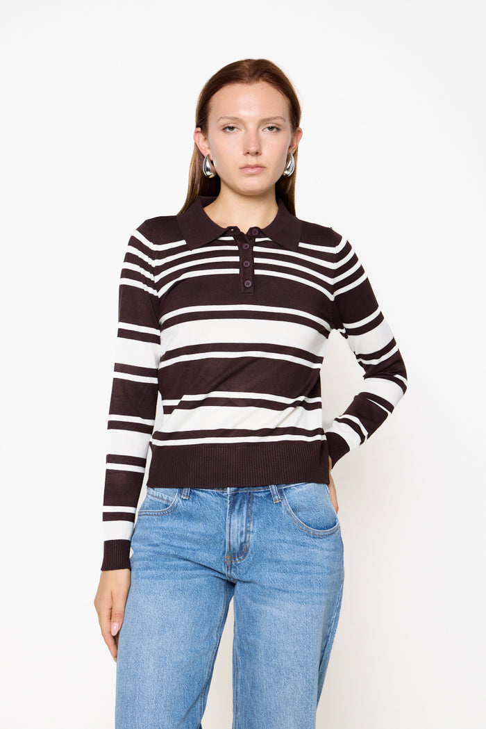 Curved stripe polo-collar knit sweater wholesale