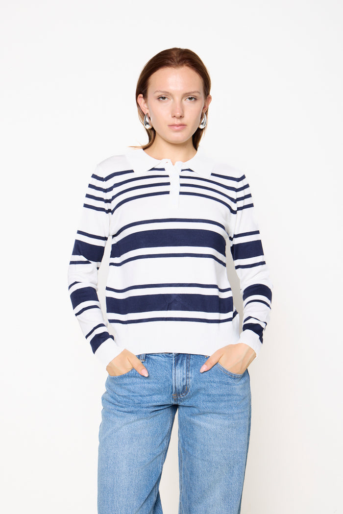Curved stripe polo-collar knit sweater wholesale