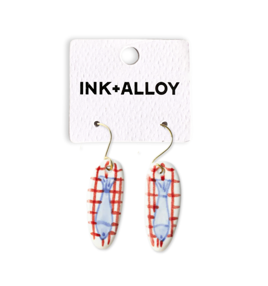 Danielle Oval Ceramic Earring With Fish And Red Plaid
