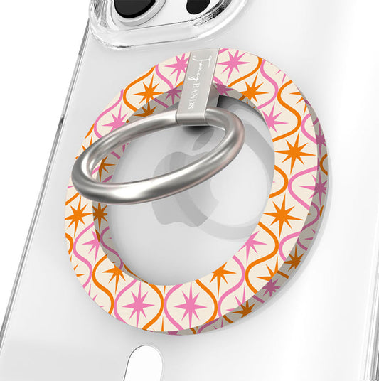 Desert Starburst retro mid-century MagSafe phone grip ring with pink and orange starbursts on a cream background compatible with iPhone and Samsung