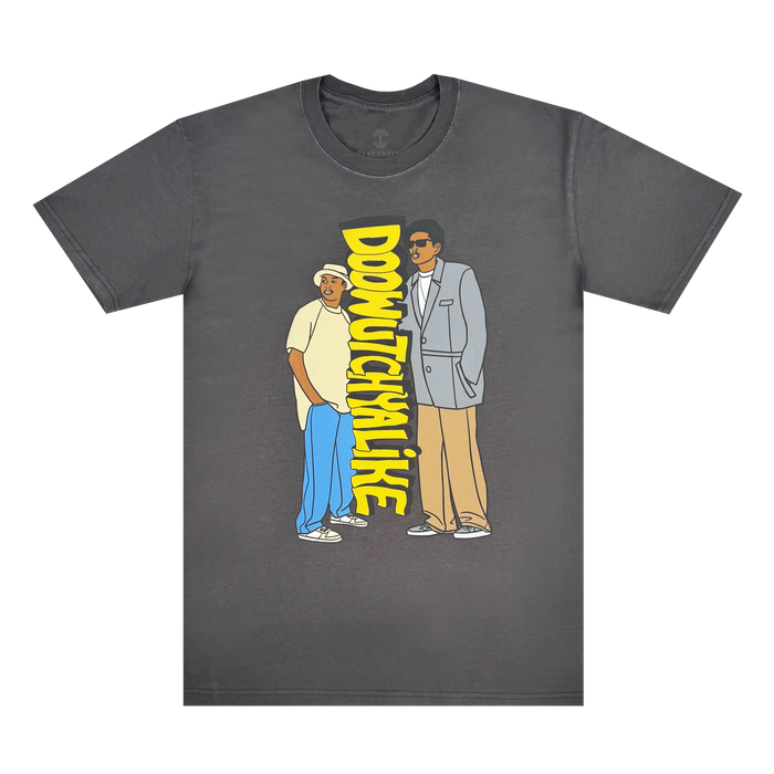 Sure! Here’s a rewritten version using your product data: The Other Doowutchyalike Tee is a dark gray t-shirt featuring cartoon illustrations of two men—one in casual attire and the other in a suit—with bold yellow “DOOWUTCHYALIKE” text displayed vertically between them. This 90s hip hop-inspired shirt has a fun, retro vibe reminiscent of classic Oaklandish style.