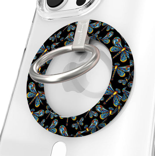 Dragonfly Dreams pattern MagSafe phone grip ring with colorful stained-glass style dragonflies on a black background compatible with iPhone and Samsung