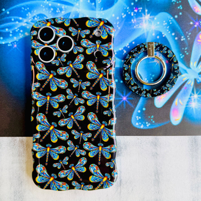 Dragonfly Dreams pattern MagSafe phone grip ring with colorful stained-glass style dragonflies on a black background compatible with iPhone and Samsung