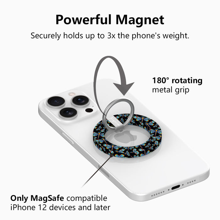 Dragonfly Dreams pattern MagSafe phone grip ring with colorful stained-glass style dragonflies on a black background compatible with iPhone and Samsung