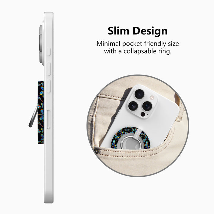Dragonfly Dreams pattern MagSafe phone grip ring with colorful stained-glass style dragonflies on a black background compatible with iPhone and Samsung