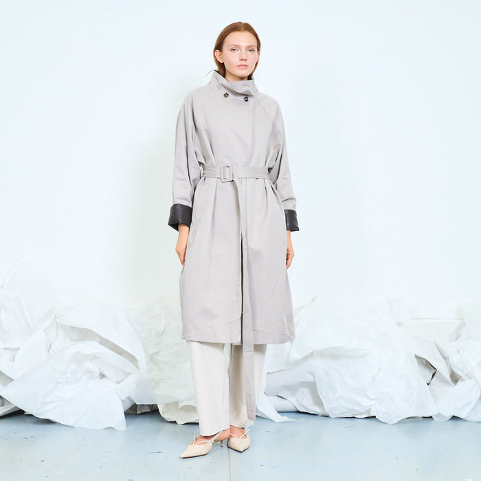 Draped belted trench coat with asymmetric front wholesale