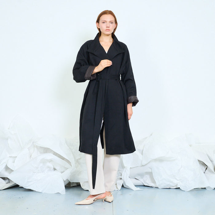 Draped belted trench coat with asymmetric front wholesale