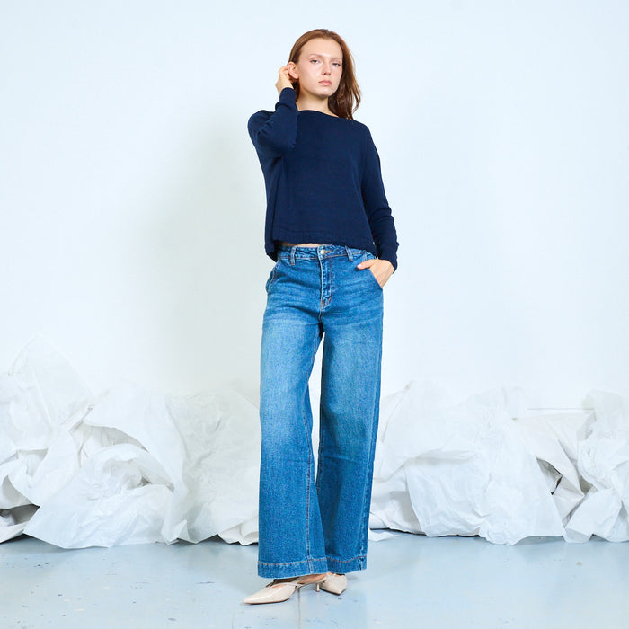 Dropped-shoulder oversized knit pullover with ribbed edges wholesale