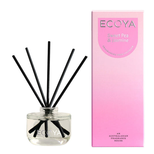 Ecoya diffuser with black sticks and pink packaging on a white background.